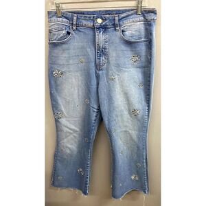 Copper Flash Cropped Flare Jeans Womens 10 Blue Denim Embellished Gem Raw Hem